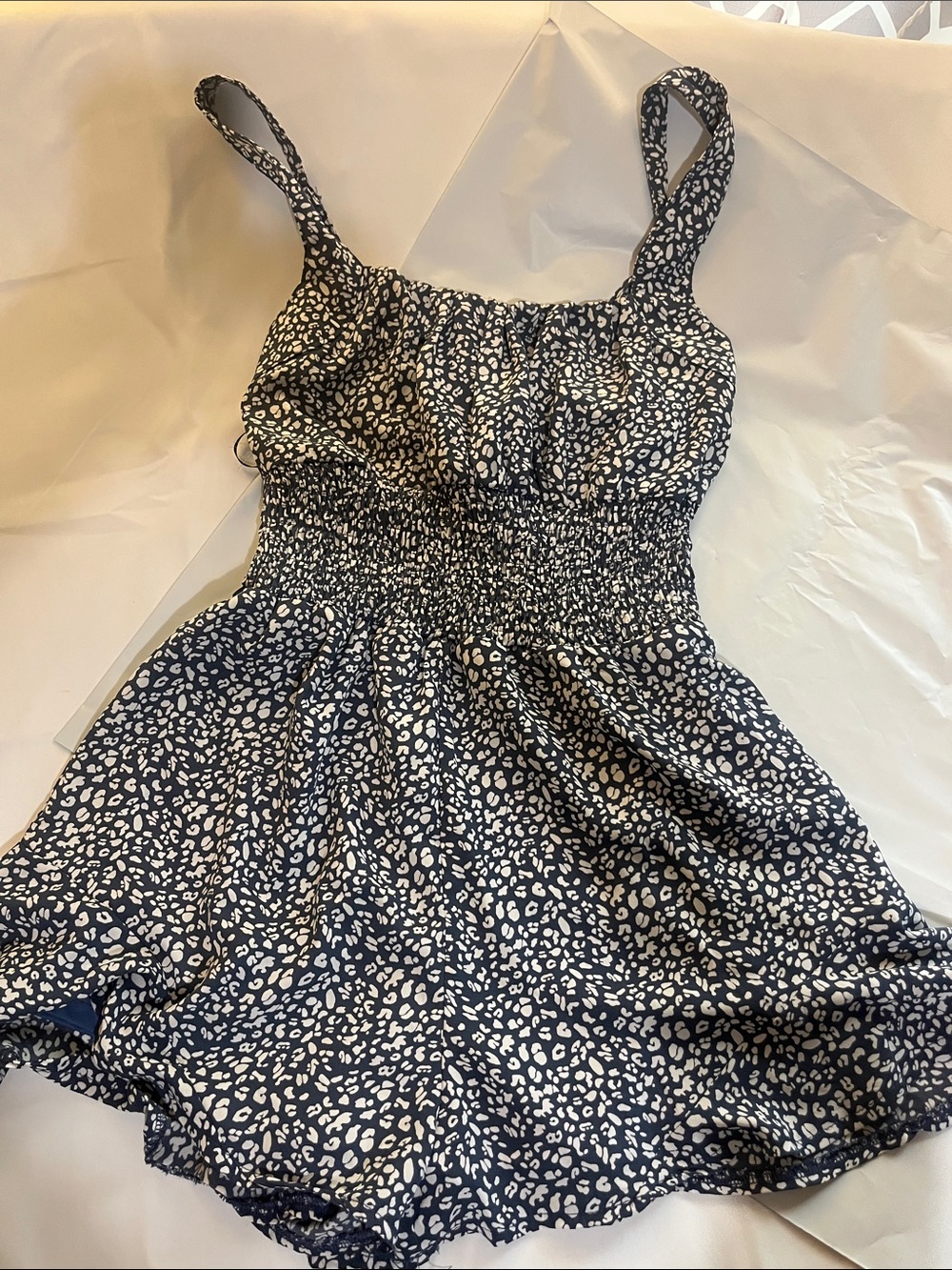 She + Sky Navy and White Printed Smocked Romper